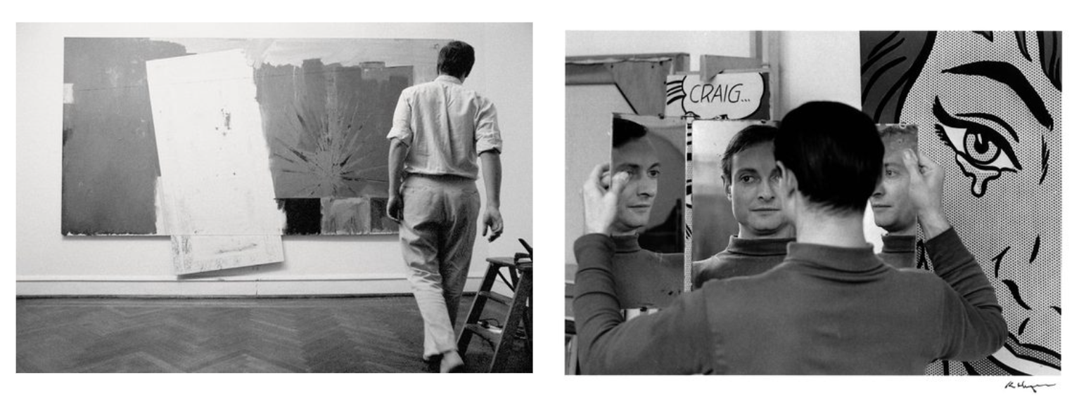 Left: Jasper Johns (Taurus) in his studio, 1964, with a painting called Studio; photographed by Ugo Mulas. Right: Roy Lichtenstein (Scorpio) in his studio with his 1964 painting Happy Tears